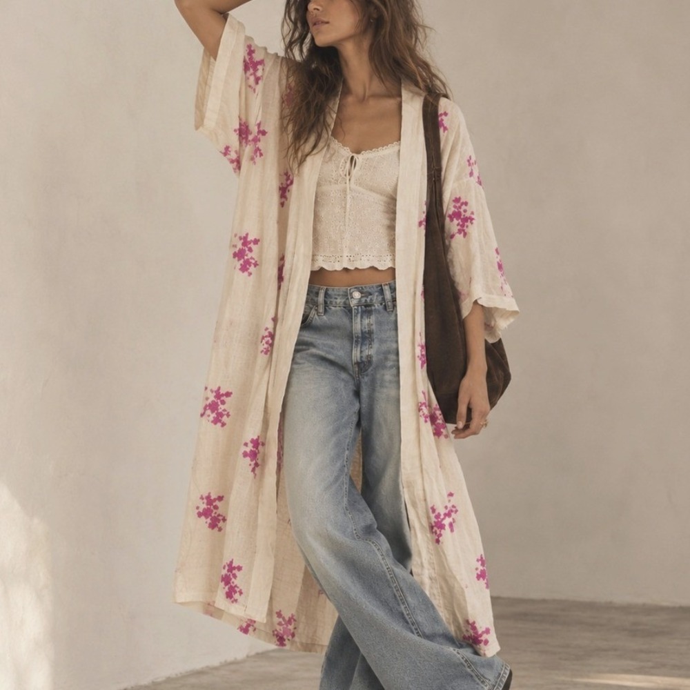 Kimono Robe Floral Embroidered Linen Blend Cream Duster Boho Lounge Lagenlook